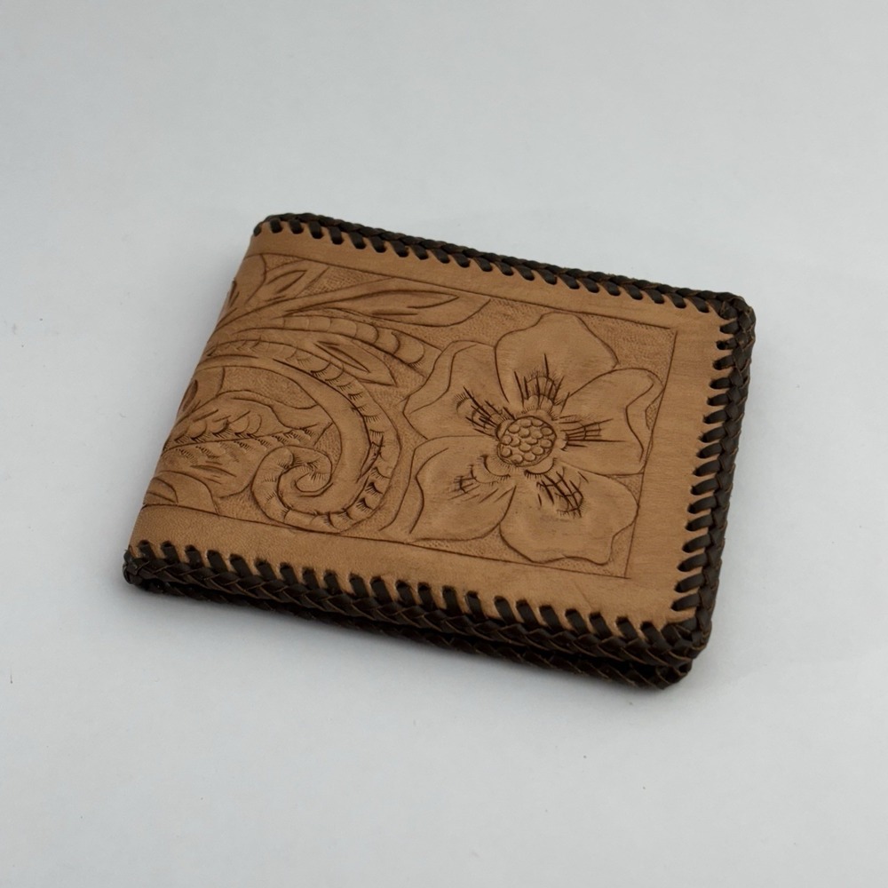 VTG Tooled Leather Western Whip Stitch Men's Wallet Hand Crafted Bifold Brown